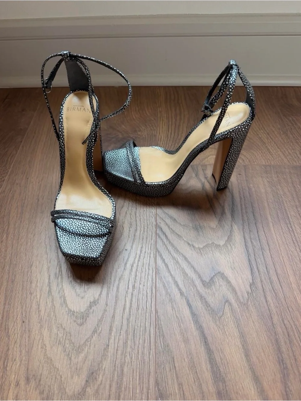 Alexandre Birman Black and White Speckle Platform Ankle-Strap Sandals